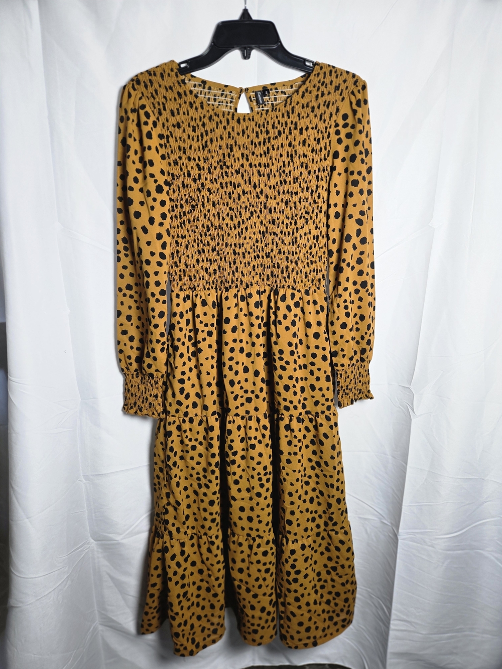 Smocked Long Sleeve Midi Dress in Mustard with Black Spot Print